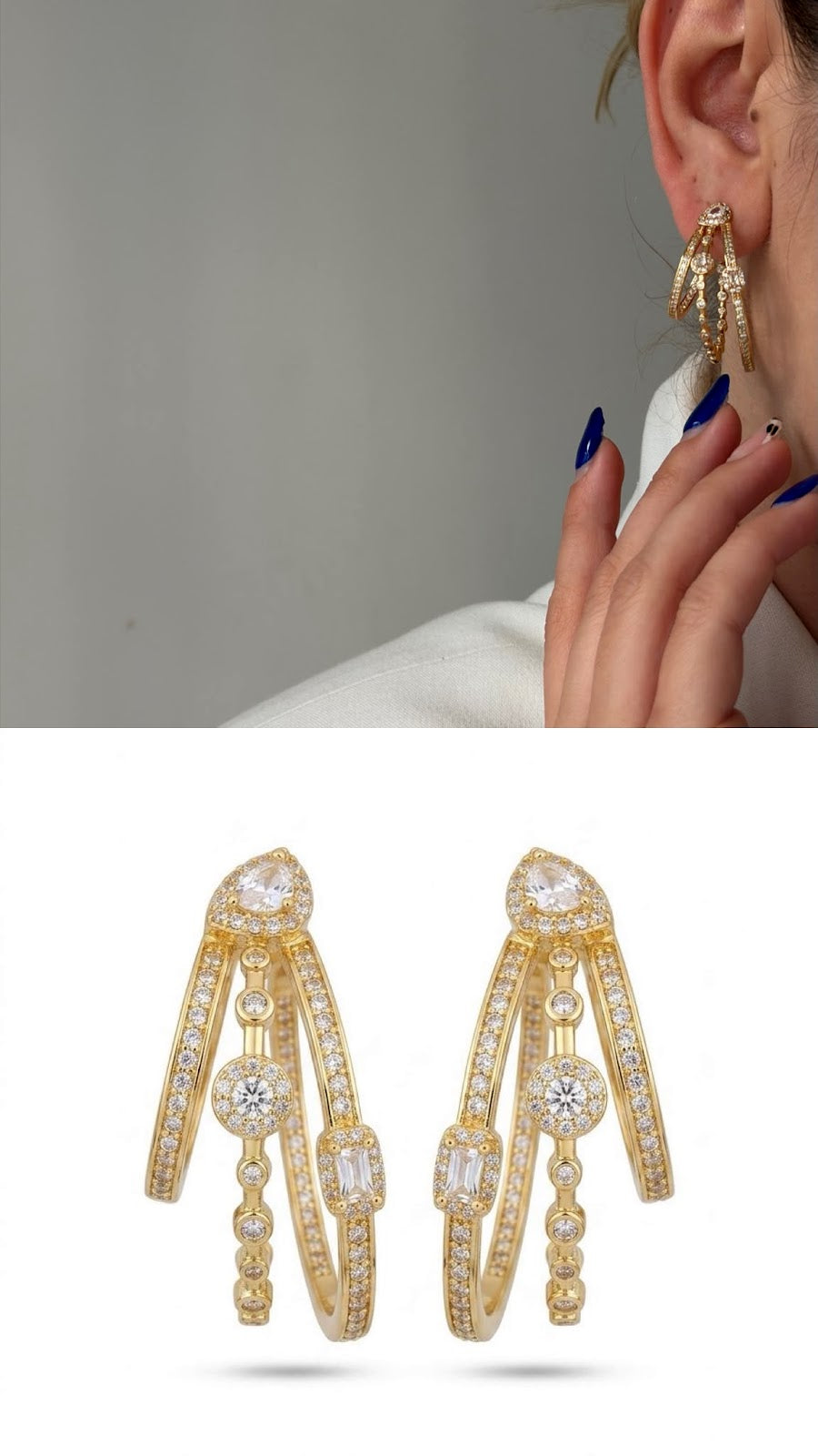 Gold CZ Pave Layered Triple Hoop Mixed Cut Station Statement Earrings - CW1VPEARNG00312 | Wholesale Stainless Steel Jewelry Catwalk Jewellery Europe