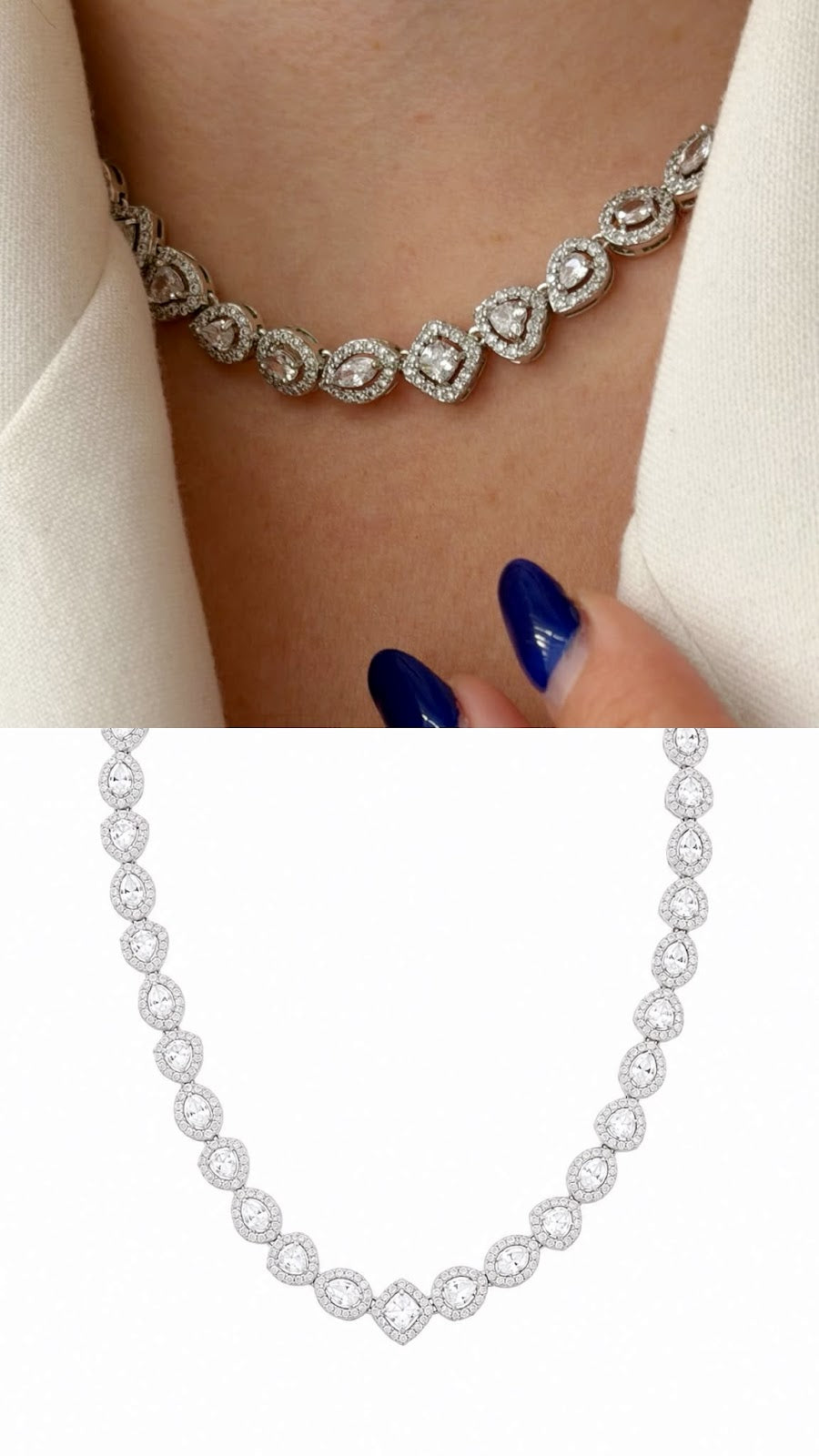 Silver CZ Pave Multi Shape Halo Tennis Necklace - CW1NKL00139 | Wholesale Stainless Steel Jewelry Catwalk Jewellery Europe