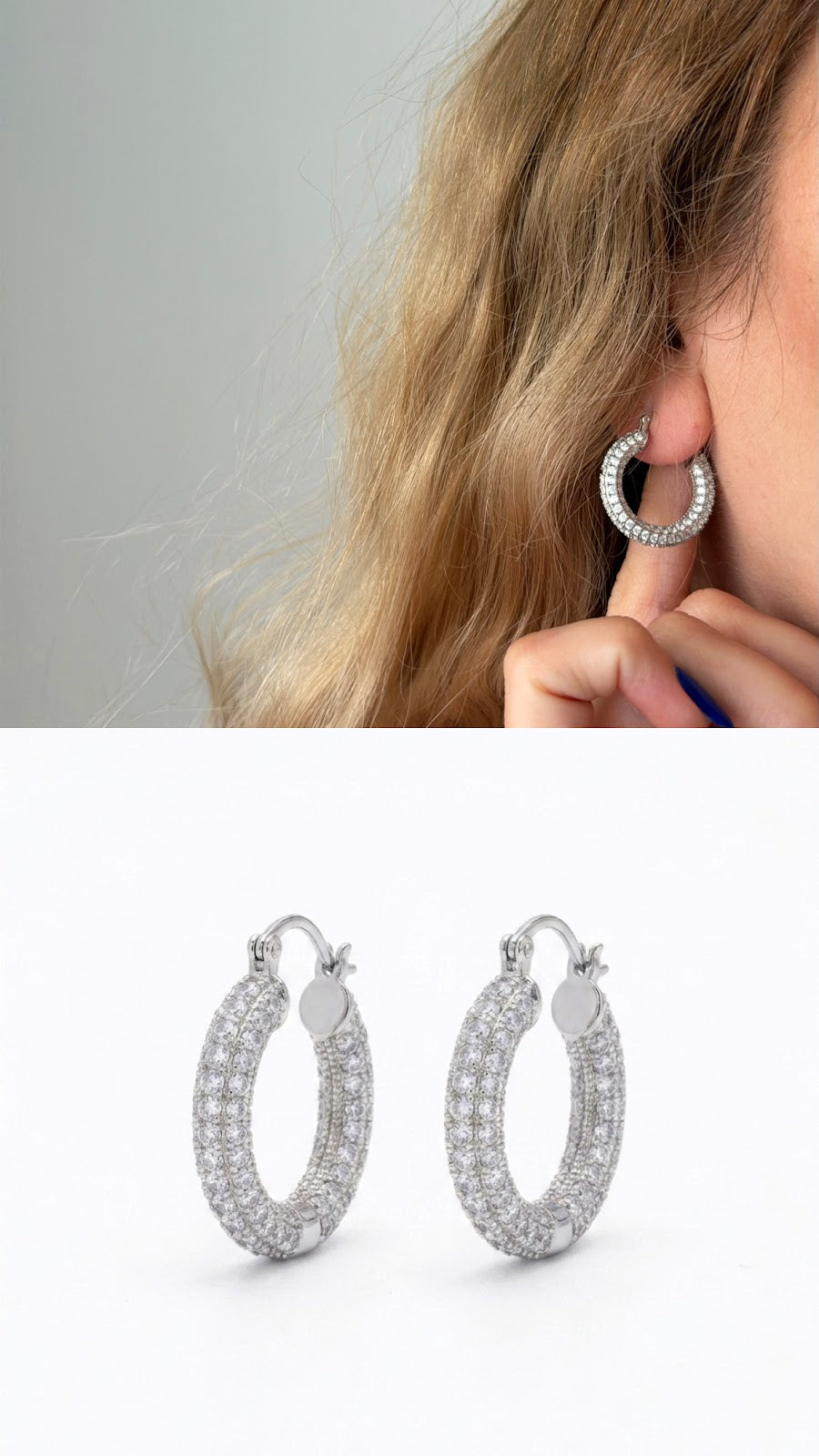 Silver Chunky Power Dressing Hoops CZ Pave Curated Maximalism Statement Earrings - CW1VPEARNG00257 | Wholesale Stainless Steel Jewelry Catwalk Jewellery Europe