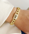 Gold CZ Pave Curb Chain Logo Clasp Hinged Cuff Bangle - CW1CUFF0051 | Wholesale Stainless Steel Jewelry Catwalk Jewellery Europe