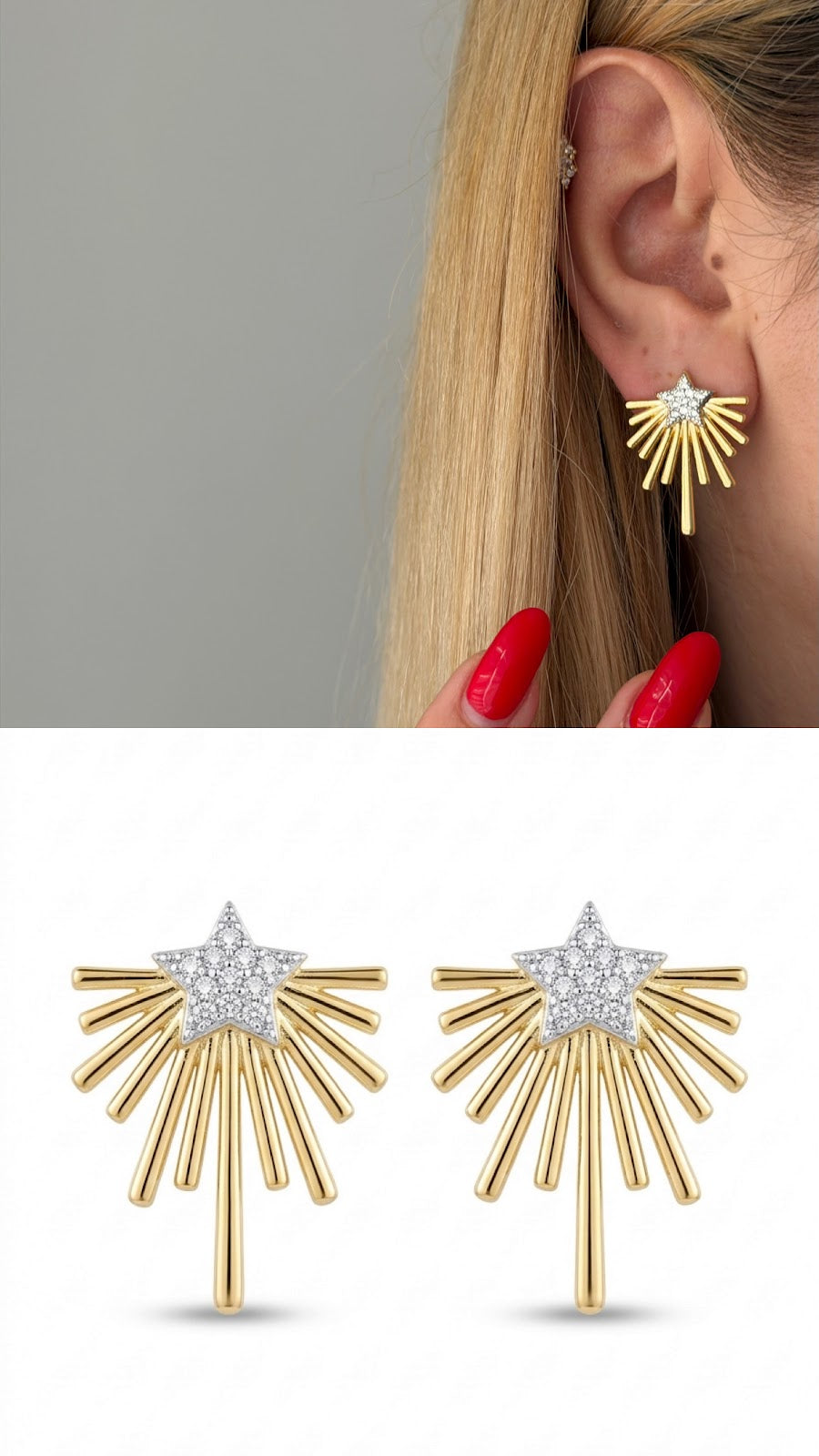 Gold CZ Pave Starburst Ray Stud Earrings - CW1VPEARNG00109 | Wholesale Stainless Steel Jewelry Catwalk Jewellery Europe