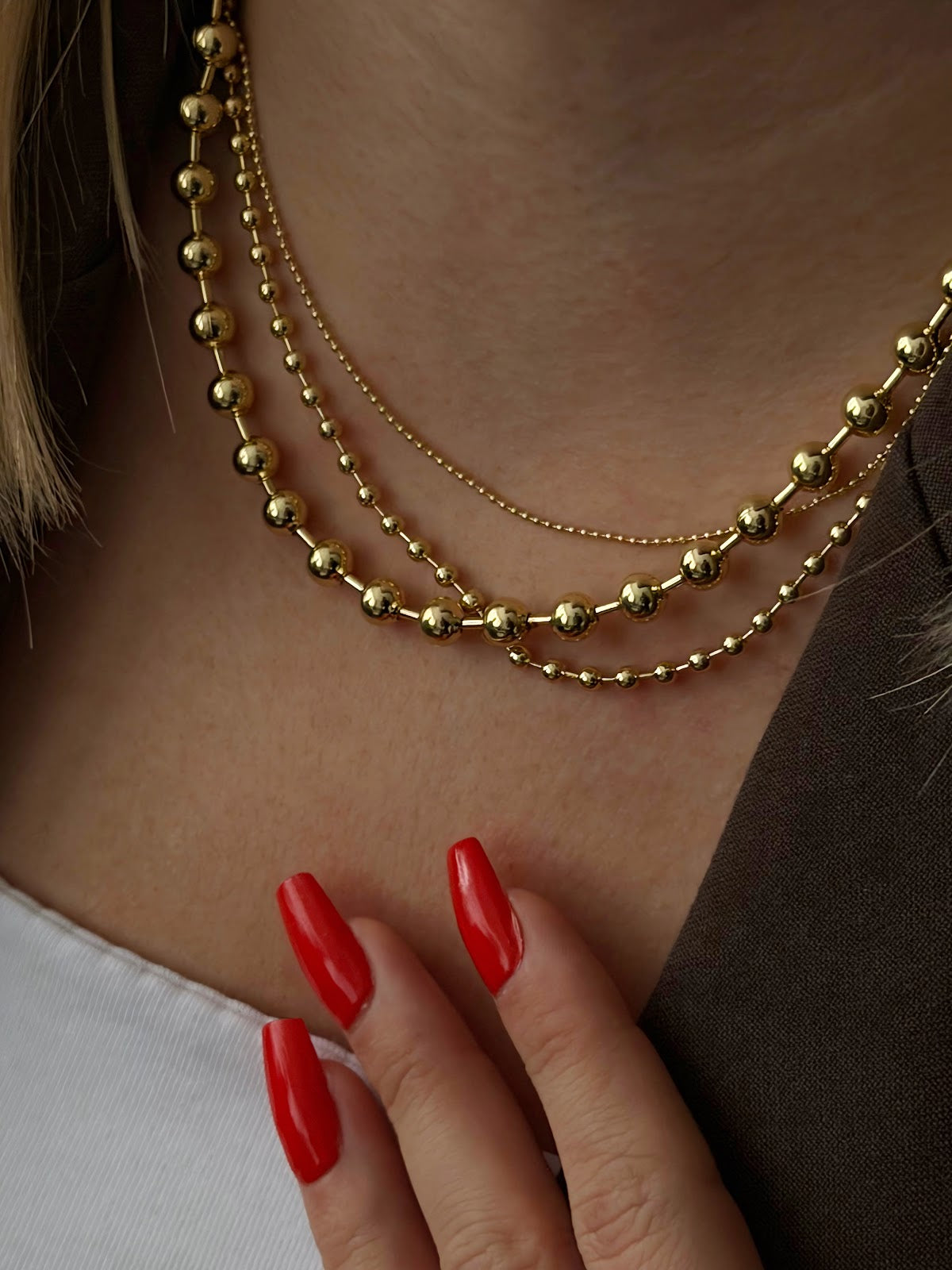 Gold Graduated Multi Strand Beaded Ball Chain Necklace - CW1NKL00105 | Wholesale Stainless Steel Jewelry Catwalk Jewellery Europe