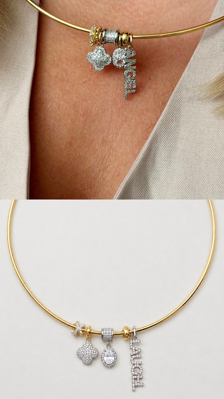 Gold CZ Pave Multi Charm Angel Clover Torque Choker Collar Necklace - CW1NKL00112 | Wholesale Stainless Steel Jewelry Catwalk Jewellery Europe
