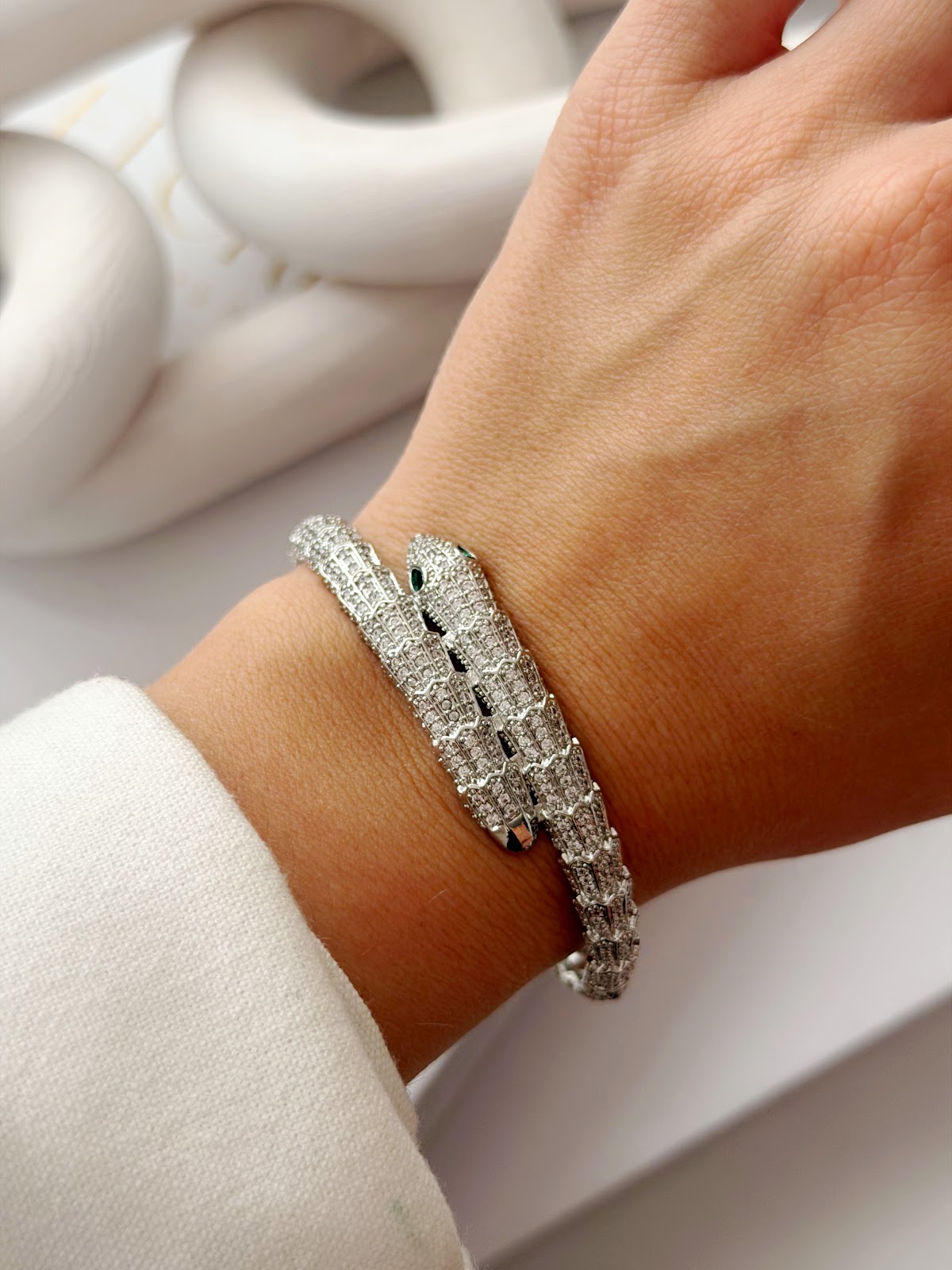 Silver CZ Pave Emerald Eye Coiled Snake Cuff Bangle - CW1CUFF0047 | Wholesale Stainless Steel Jewelry Catwalk Jewellery Europe