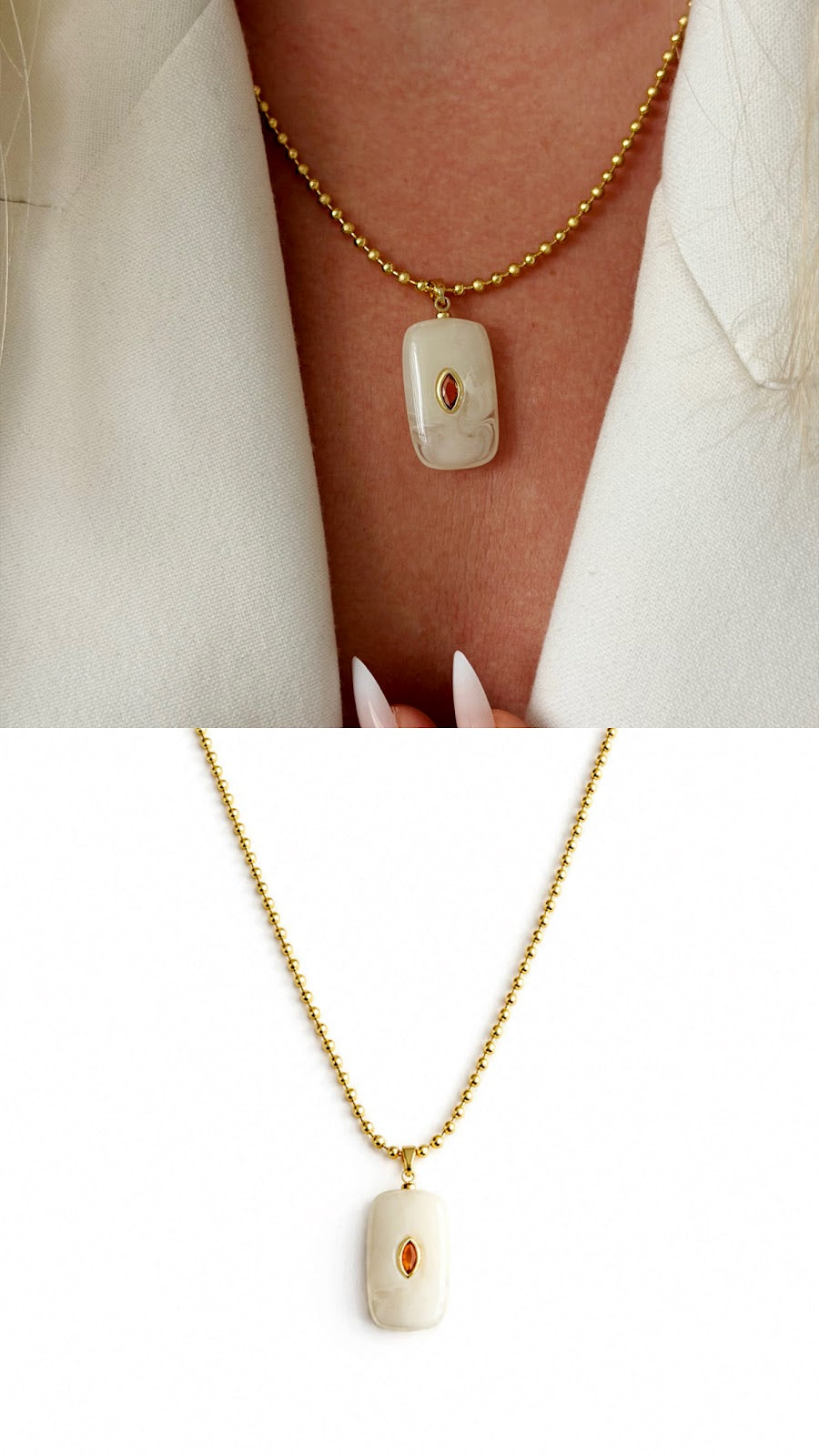 18K Gold Plated Stainless Steel Mother Of Pearl Resin CZ Pendant Ball Chain Necklace Wholesale - CW1NKL00170 | Wholesale Stainless Steel Jewelry Catwalk Jewellery Europe