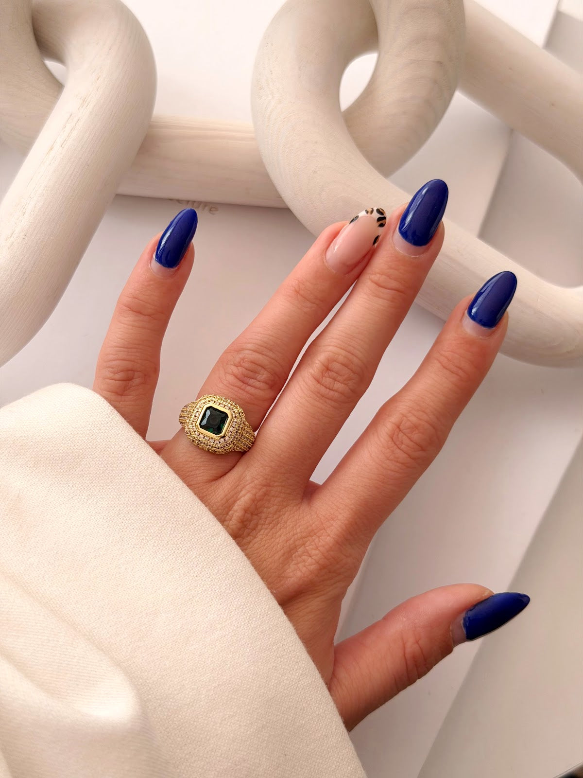 Gold CZ Pave Emerald Cut Green Stone Signet Ring - CW1RING00115 | Wholesale Stainless Steel Jewelry Catwalk Jewellery Europe