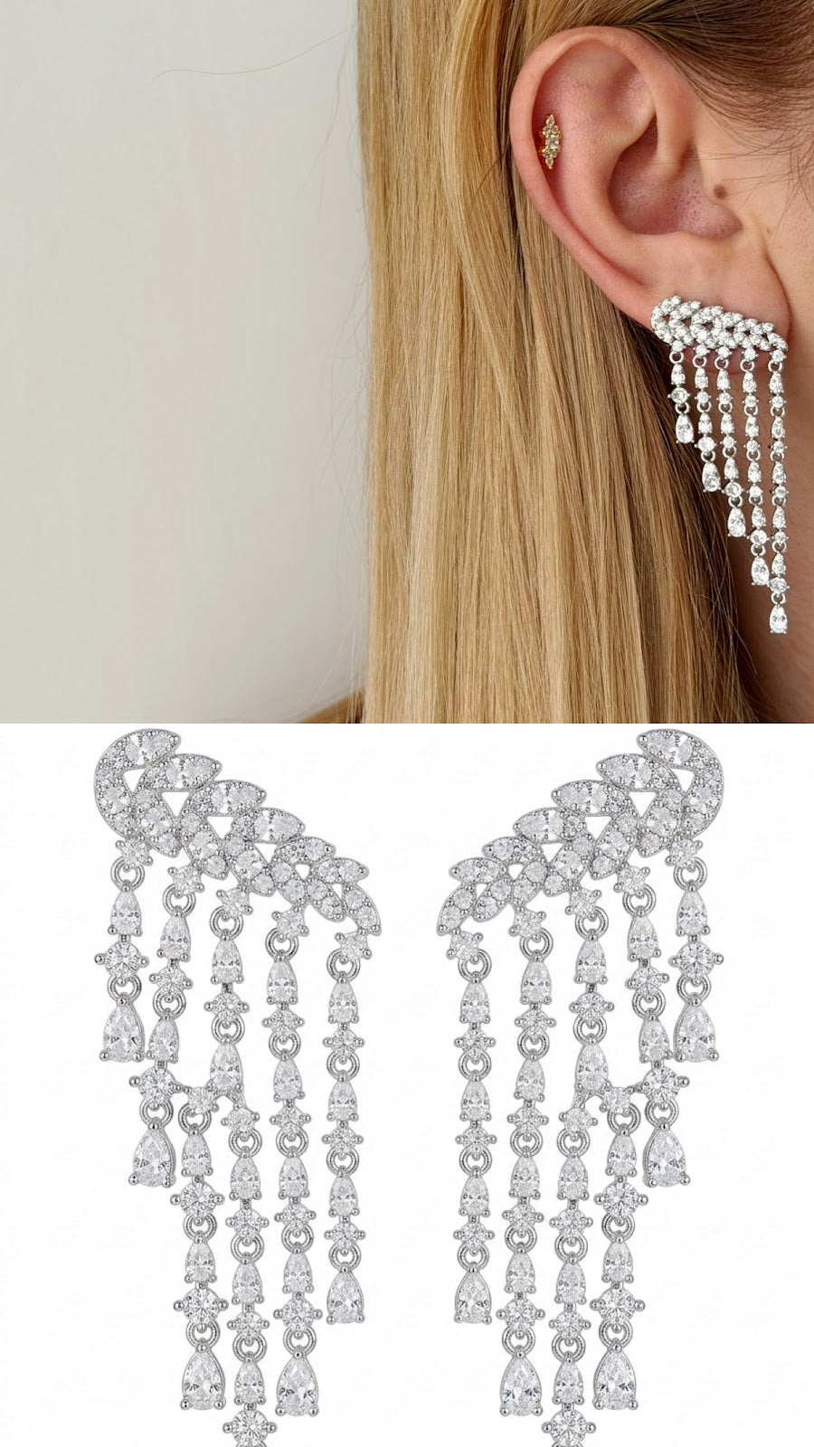 Silver CZ Pave Waterfall Fringe Dangle Statement Earrings - CW1STEAR0018 | Wholesale Stainless Steel Jewelry Catwalk Jewellery Europe