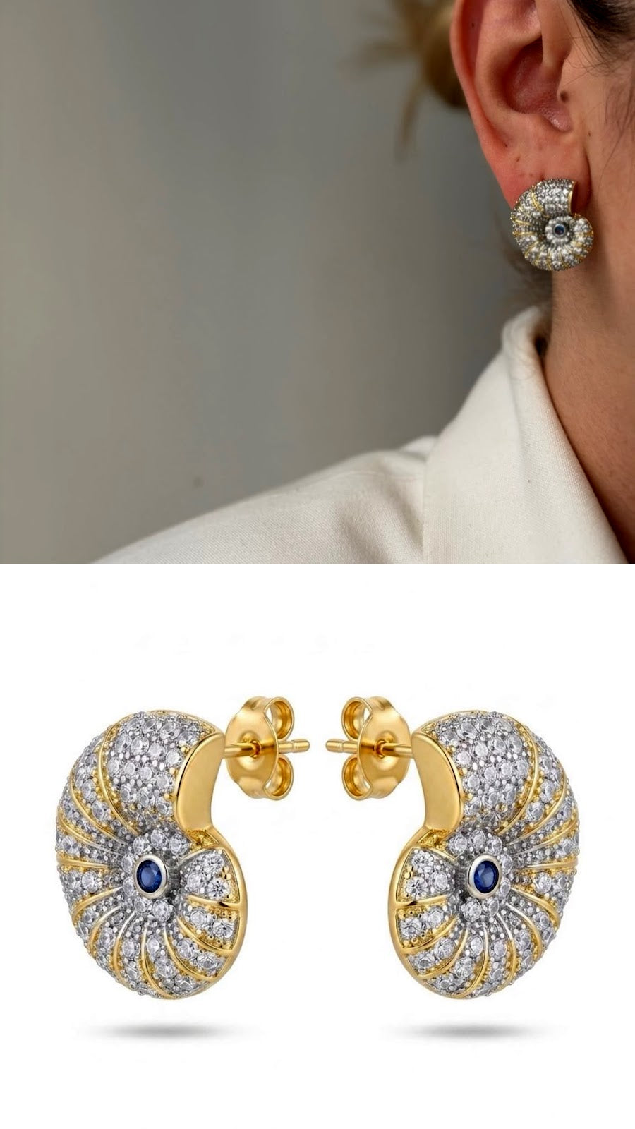 Two Tone Nautilus Shell CZ Pave Sapphire Accent Siren Chic Aesthetic Stud Earrings - CW1VPEARNG00233 | Wholesale Stainless Steel Jewelry Catwalk Jewellery Europe