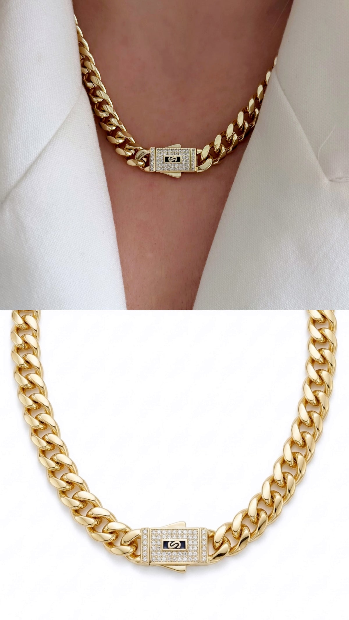 Gold CZ Pave Black Enamel Monaco Clasp Chunky Curb Chain Necklace - CW1NKL00135 | Wholesale Stainless Steel Jewelry Catwalk Jewellery Europe