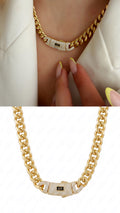 Gold CZ Pave Chunky Monaco Clasp Curb Chain Statement Necklace - CW1NKL00136 | Wholesale Stainless Steel Jewelry Catwalk Jewellery Europe