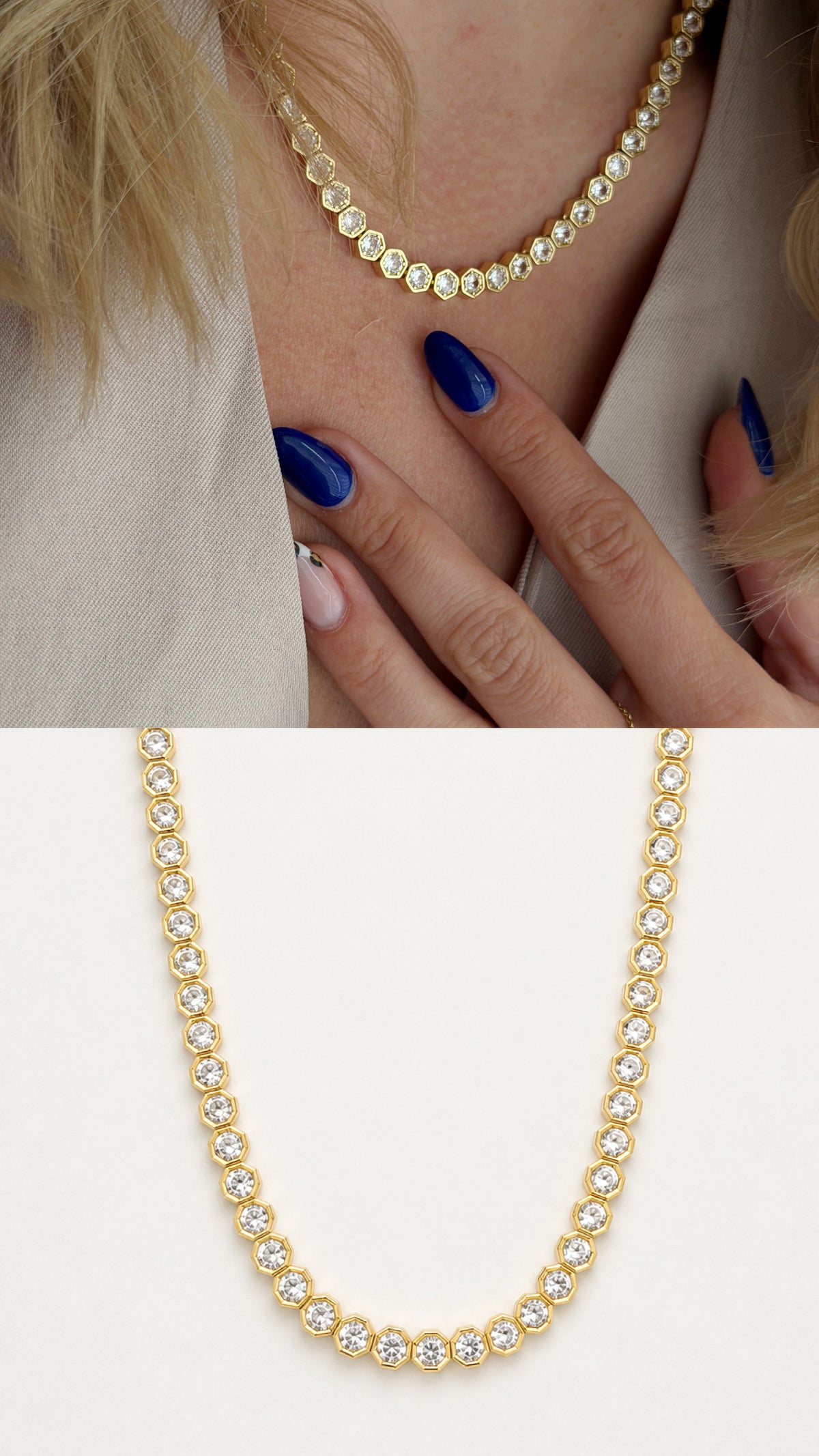 Gold Octagon Bezel Set CZ Solitaire Tennis Necklace - CW1NKL00140 | Wholesale Stainless Steel Jewelry Catwalk Jewellery Europe