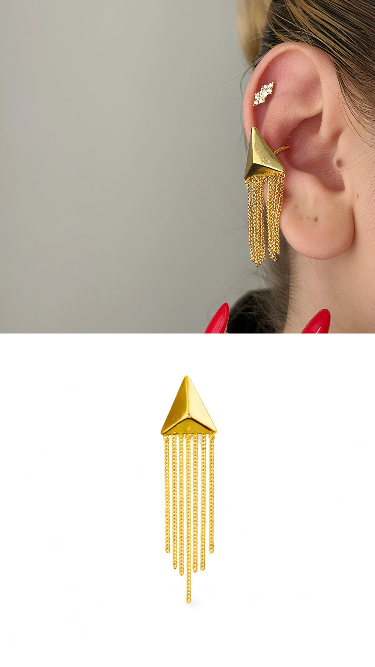 Gold Pyramid Fringe Chain Tassel Dangle Ear Cuff - CW1EARCUFF0029 | Wholesale Stainless Steel Jewelry Catwalk Jewellery Europe