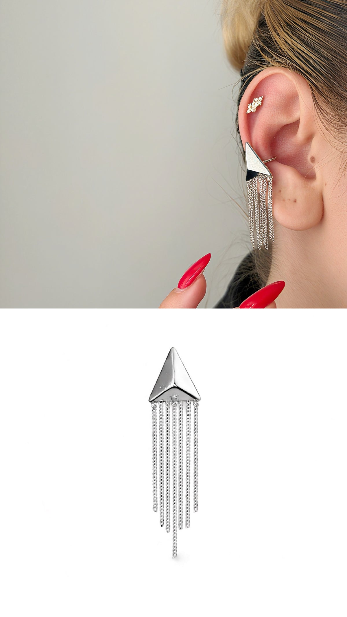 Silver Pyramid Fringe Chain Tassel Dangle Ear Cuff - CW1EARCUFF0030 | Wholesale Stainless Steel Jewelry Catwalk Jewellery Europe