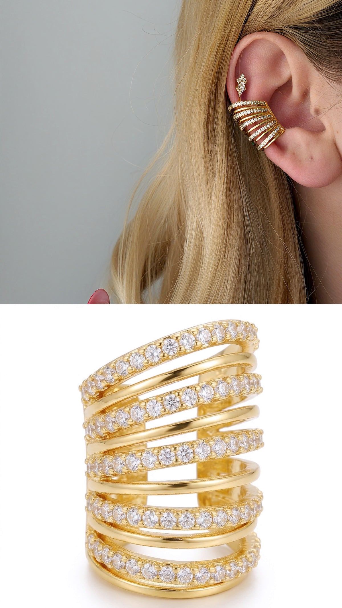 Gold CZ Pave Multi Strand Wide Ear Cuff - CW1EARCUFF0011 | Wholesale Stainless Steel Jewelry Catwalk Jewellery Europe