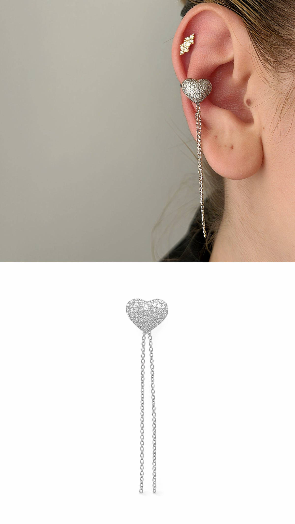 Silver CZ Pave Heart Dangle Chain Ear Cuff - CW1EARCUFF0013 | Wholesale Stainless Steel Jewelry Catwalk Jewellery Europe