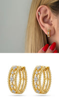 CW1VPEARNG0028-gold-beaded-triple-row-cz-huggie-earrings-catwalkjewellery wholesale jewelry VIP 14K EARRINGS  Catwalk Jewellery Europe