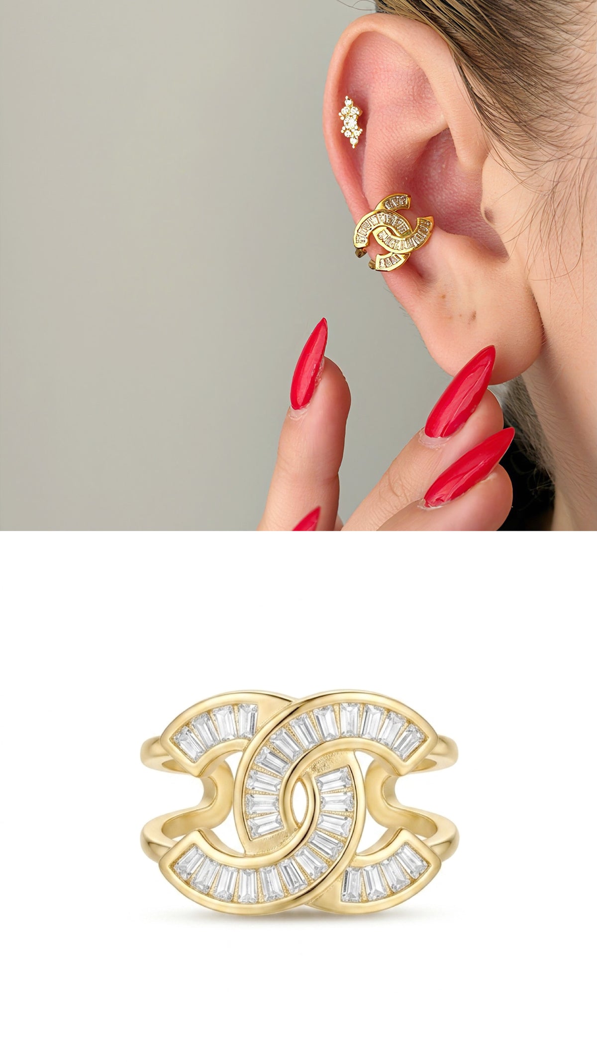 Gold Baguette CZ Interlocking Cc Logo Ear Cuff - CW1EARCUFF00120 | Wholesale Stainless Steel Jewelry Catwalk Jewellery Europe