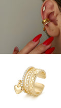 Gold Quilted Coco Pattern Dangle Heart Multi Band Ear Cuff - CW1EARCUFF00121 | Wholesale Stainless Steel Jewelry Catwalk Jewellery Europe