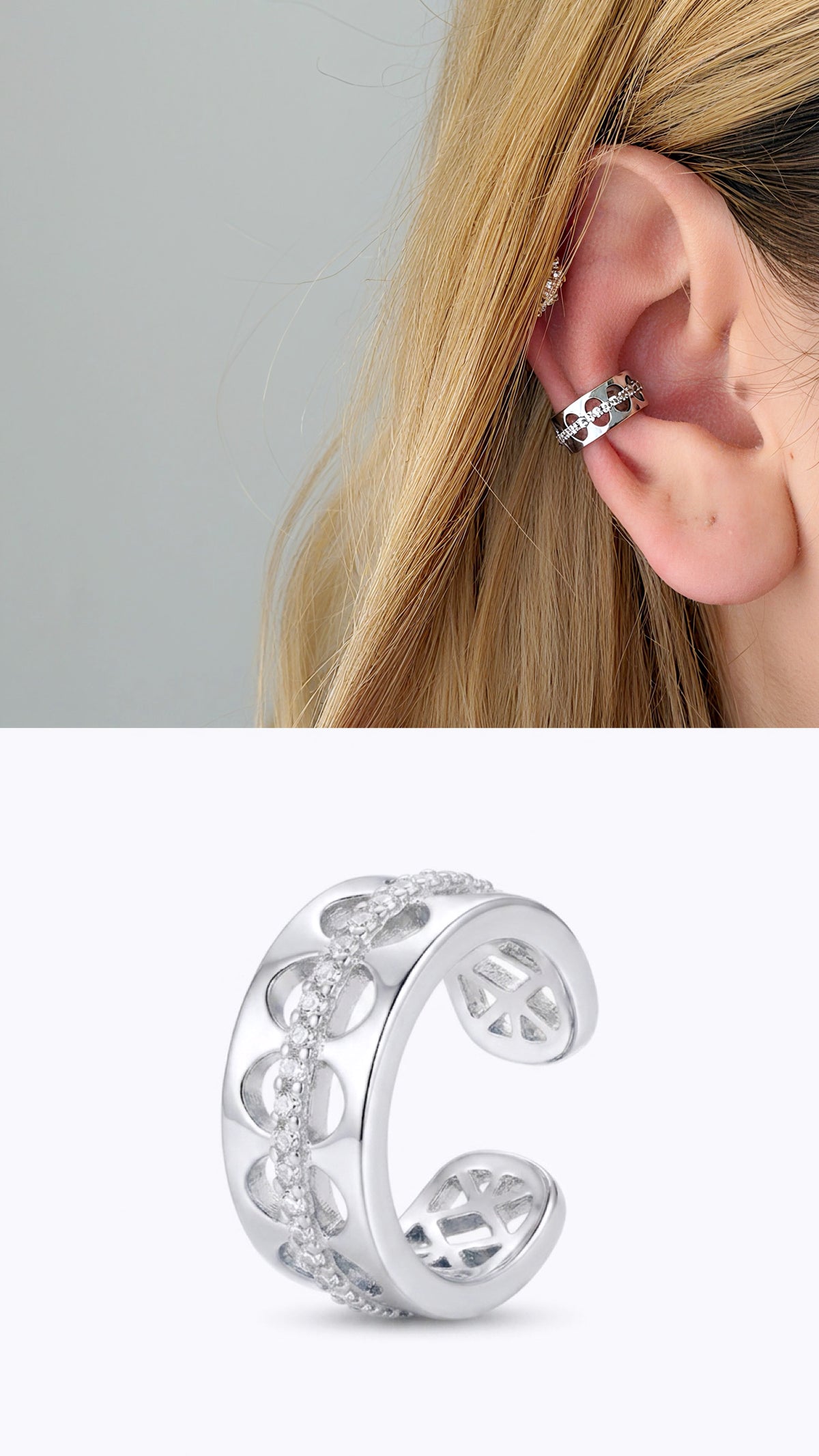 Silver CZ Pave Cutout Band Ear Cuff Alternate Angle - CW1EARCUFF0072 | Wholesale Stainless Steel Jewelry Catwalk Jewellery Europe