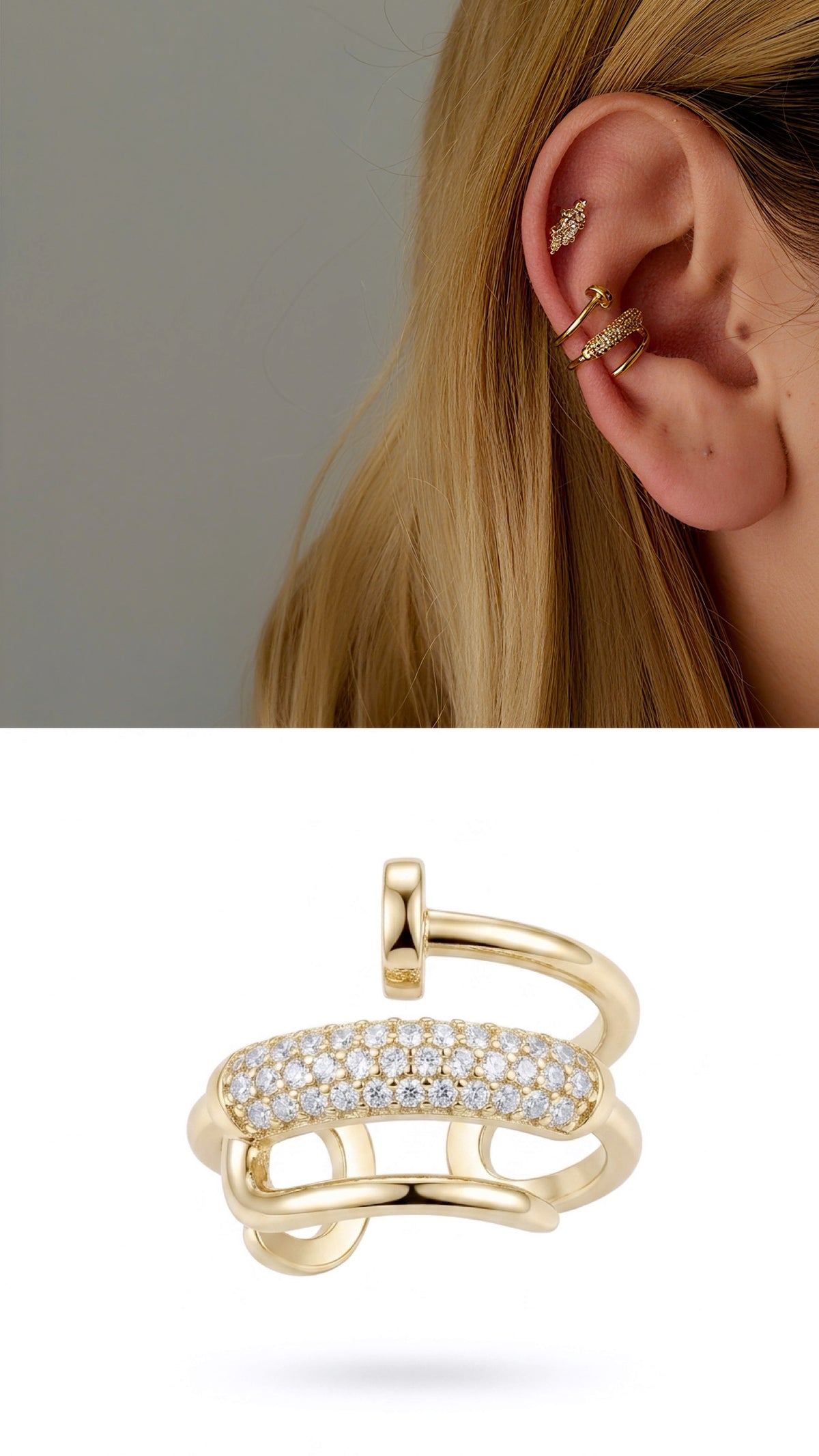 Gold CZ Pave Nail Motif Double Band Ear Cuff Alternate Angle - CW1EARCUFF0077 | Wholesale Stainless Steel Jewelry Catwalk Jewellery Europe