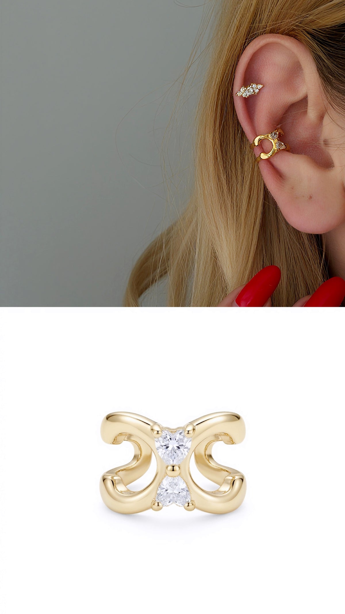 Gold Double Heart CZ Hourglass Ear Cuff - CW1EARCUFF0099 | Wholesale Stainless Steel Jewelry Catwalk Jewellery Europe