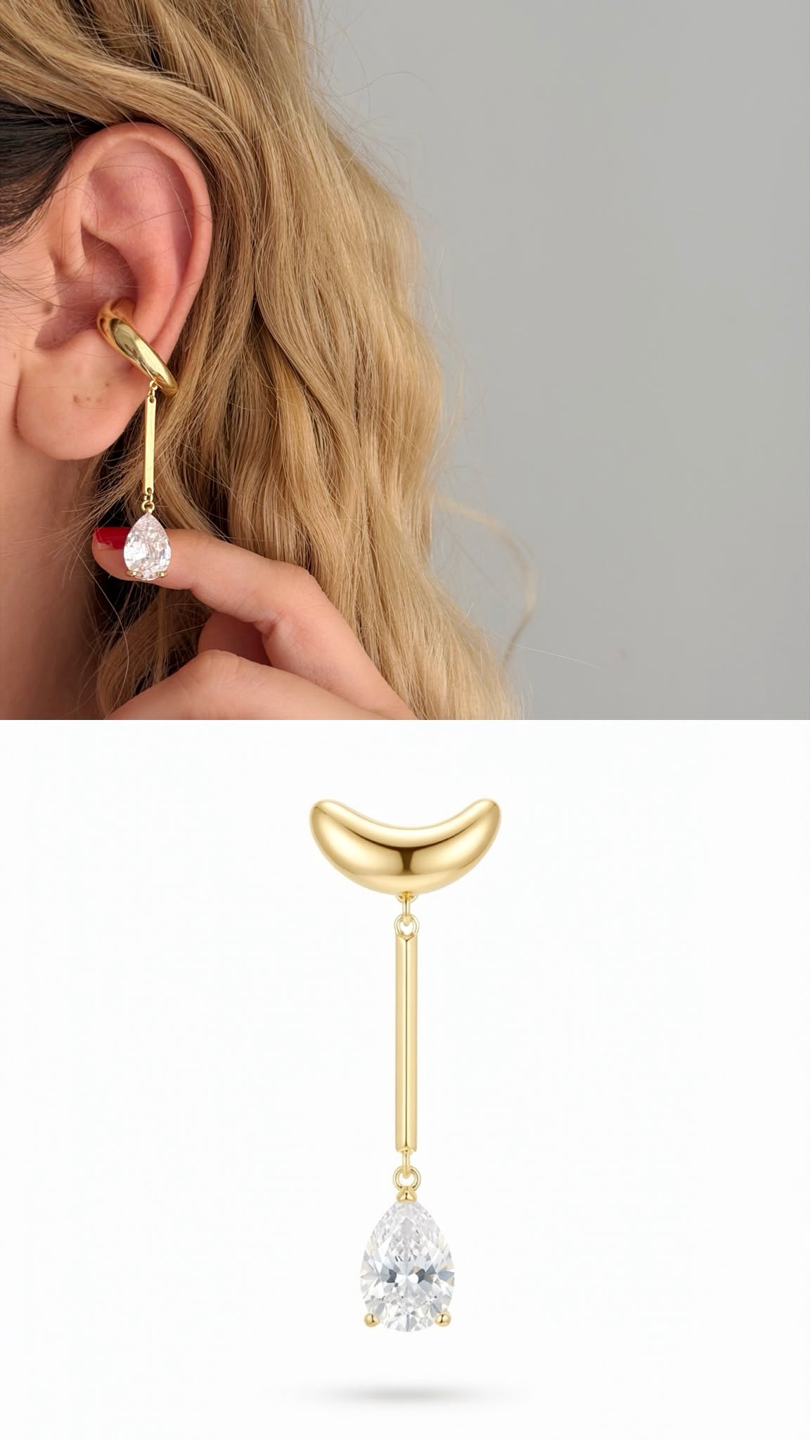 Gold Pear Cut CZ Dangle Drop Ear Cuff - CW1EARCUFF00128 | Wholesale Stainless Steel Jewelry Catwalk Jewellery Europe