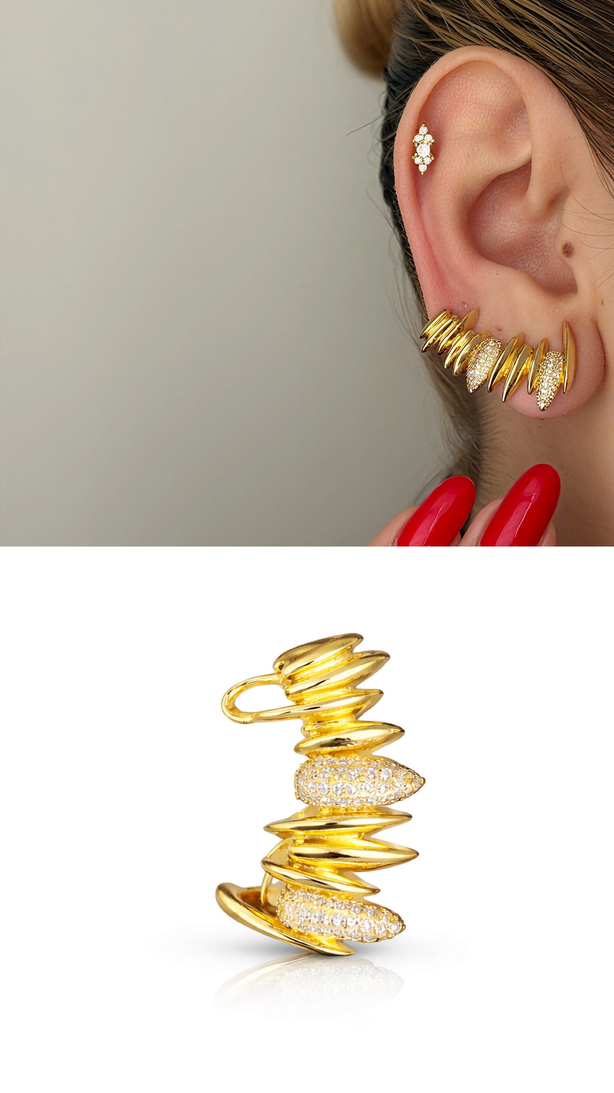 Gold CZ Pave Spiked Claw Crawler Ear Cuff - CW1EARCUFF00136 | Wholesale Stainless Steel Jewelry Catwalk Jewellery Europe