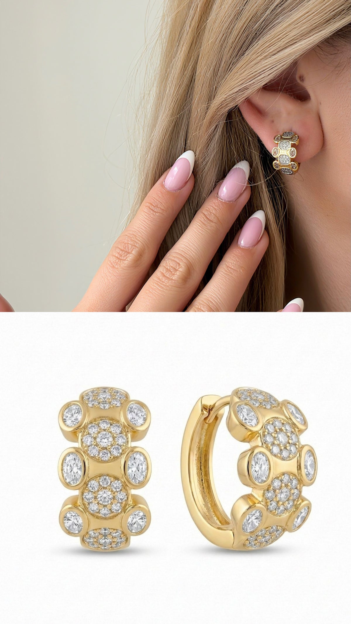 Gold Clear CZ Pave Cluster Chunky Huggie Hoop Earrings - CW1VPEARNG00115 | Wholesale Stainless Steel Jewelry Catwalk Jewellery Europe