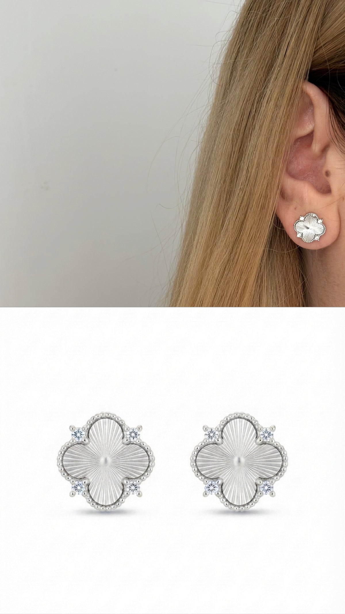Silver Plated Stainless Steel Guilloche Four Leaf Clover CZ Stud Earrings - CW1VPEARRING00397 | Wholesale Stainless Steel Jewelry Catwalk Jewellery Europe