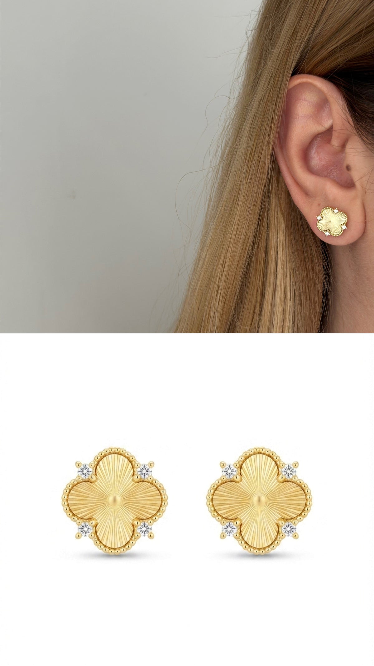 18K Gold Plated Stainless Steel Guilloche Four Leaf Clover CZ Stud Earrings - CW1VPEARRING00398 | Wholesale Stainless Steel Jewelry Catwalk Jewellery Europe
