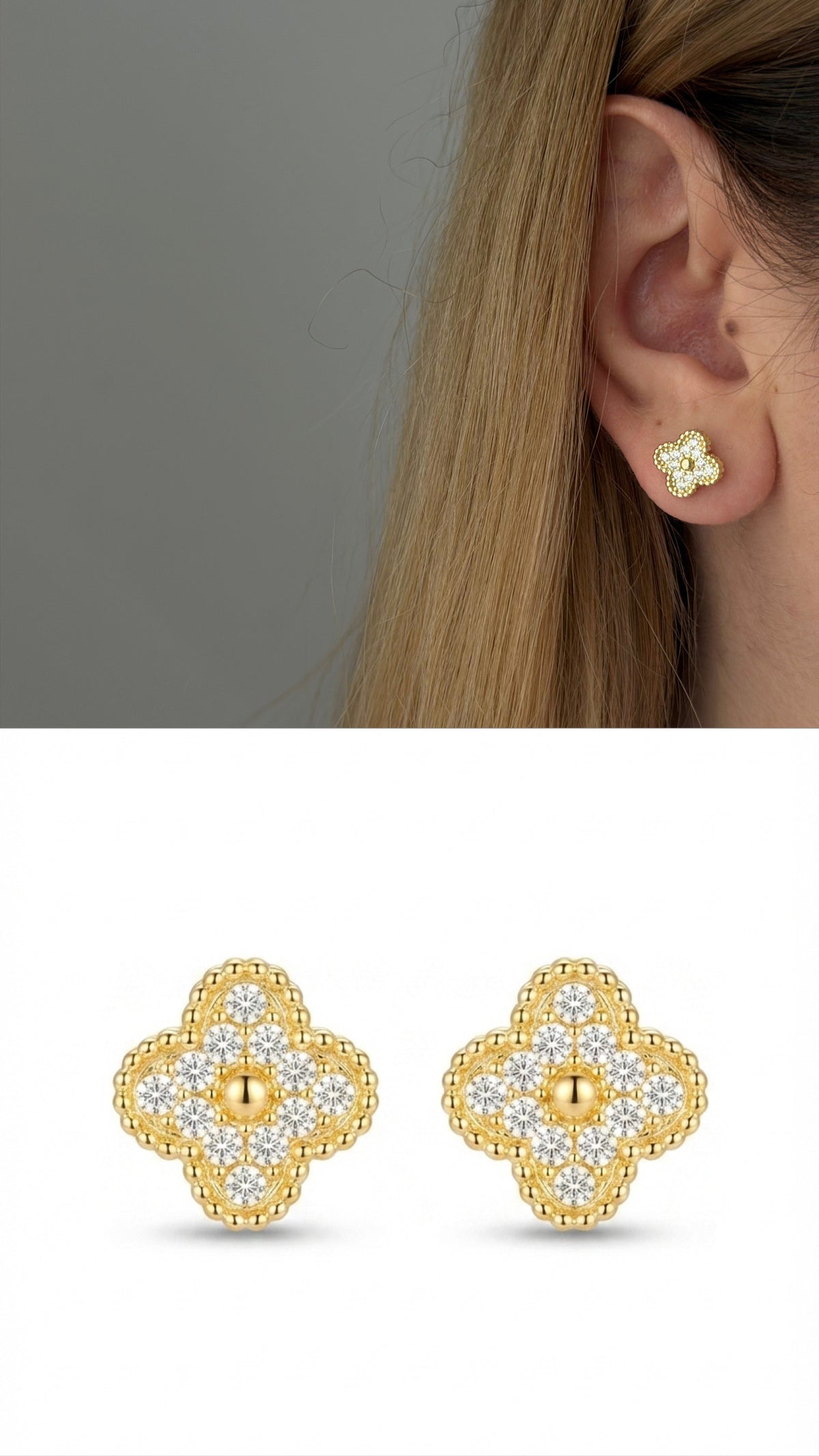 18K Gold Plated Stainless Steel Pave CZ Four Leaf Clover Stud Earrings - CW1VPEARRING00399 | Wholesale Stainless Steel Jewelry Catwalk Jewellery Europe