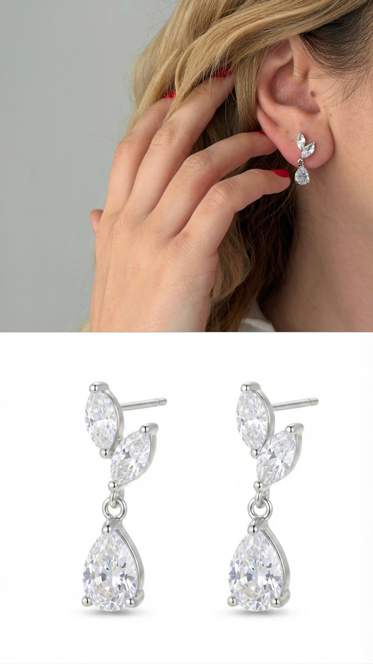 Silver Plated Stainless Steel Marquise Pear Cut CZ Drop Earrings - CW1VPEARRING00402 | Wholesale Stainless Steel Jewelry Catwalk Jewellery Europe