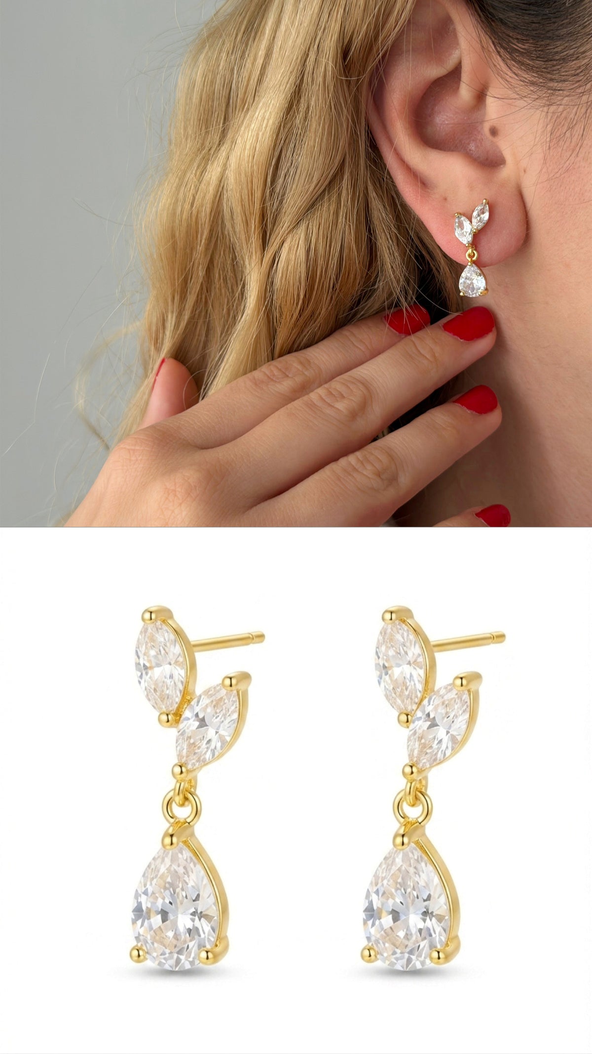 18K Gold Plated Stainless Steel Marquise Pear Cut CZ Drop Earrings - CW1VPEARRING00403 | Wholesale Stainless Steel Jewelry Catwalk Jewellery Europe