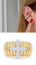 18K Gold Plated Stainless Steel Ribbed Pave CZ Cross Flower Ear Cuff Wholesale - CW1EARCUFF00162 | Wholesale Stainless Steel Jewelry Catwalk Jewellery Europe