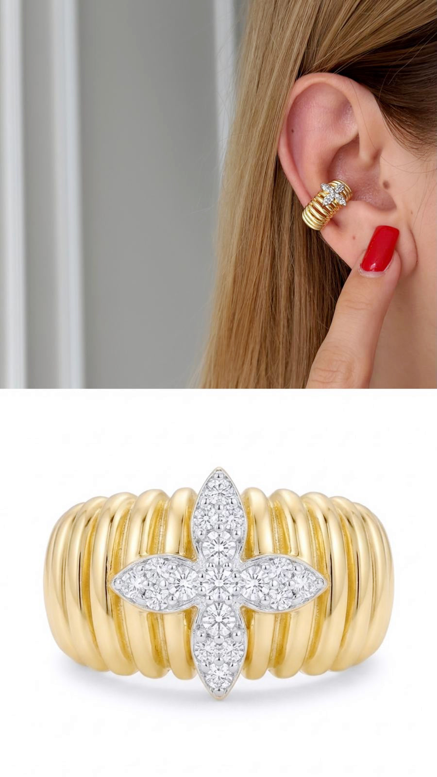 18K Gold Plated Stainless Steel Ribbed Pave CZ Cross Flower Ear Cuff Wholesale - CW1EARCUFF00162 | Wholesale Stainless Steel Jewelry Catwalk Jewellery Europe