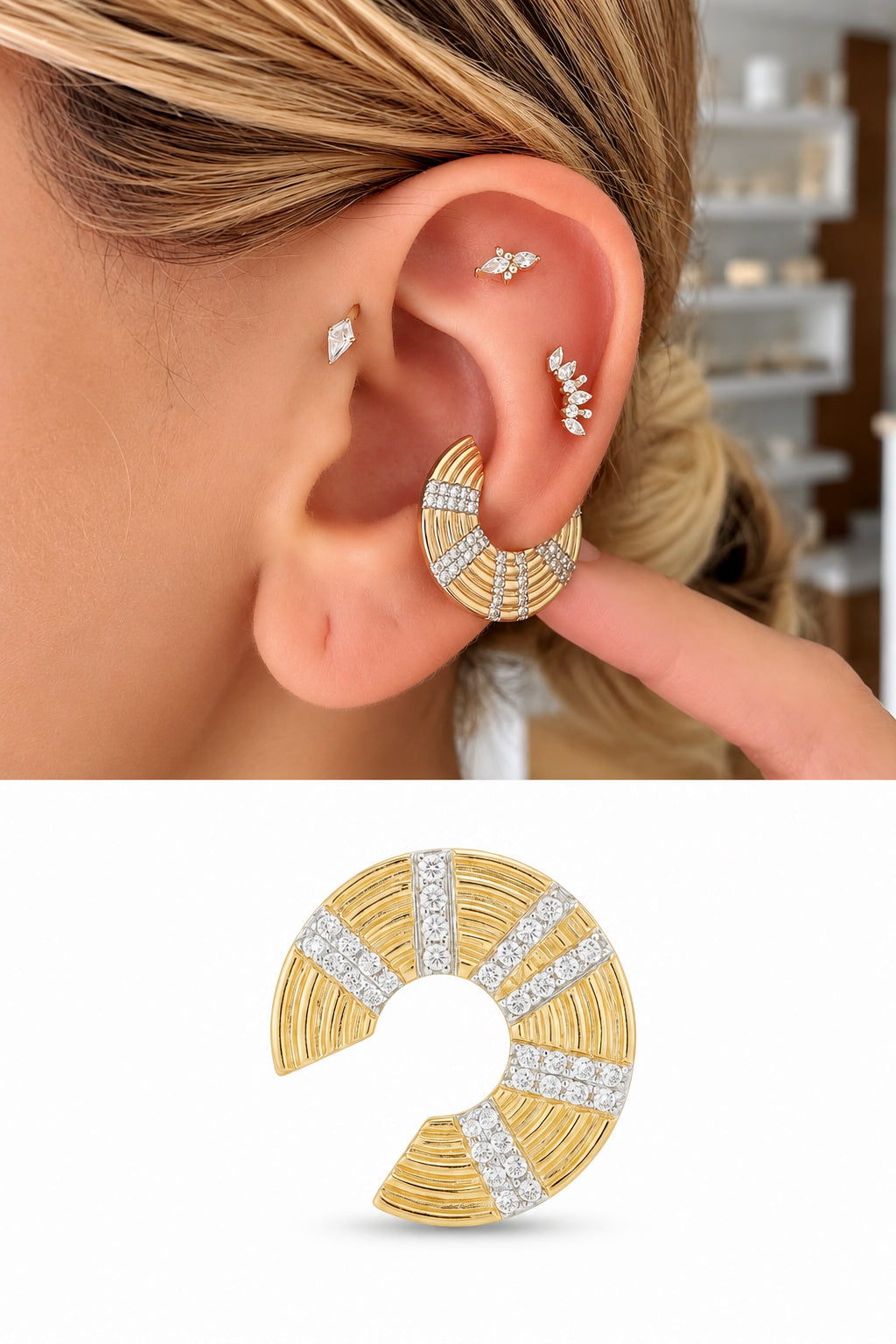 18K Gold Plated Stainless Steel Fan Textured Pave CZ Ear Cuff - CW1EARCUFF00174 | Wholesale Stainless Steel Jewelry Catwalk Jewellery Europe