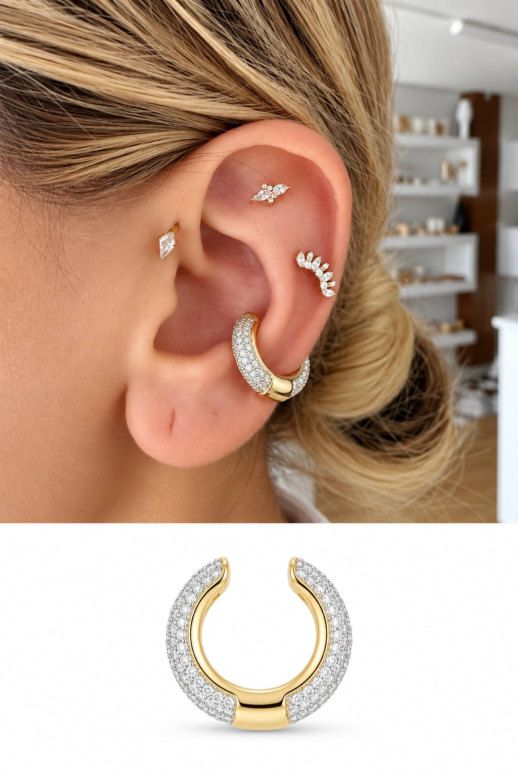 18K Gold Plated Stainless Steel Chunky Pave CZ Ear Cuff - CW1EARCUFF00175 | Wholesale Stainless Steel Jewelry Catwalk Jewellery Europe