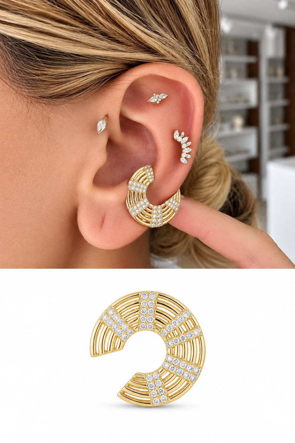 18K Gold Plated Stainless Steel Textured Grooved Pave CZ Ear Cuff - CW1EARCUFF00176 | Wholesale Stainless Steel Jewelry Catwalk Jewellery Europe