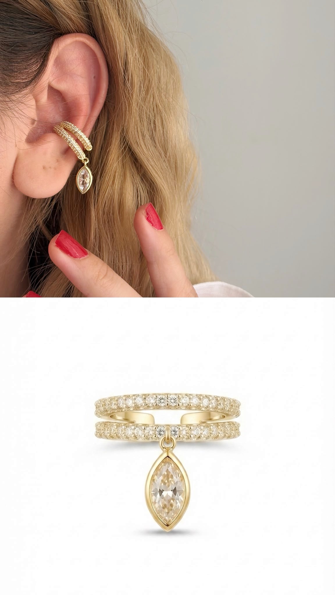 Gold CZ Pave Double Band Marquise Dangle Ear Cuff - CW1EARCUFF00141 | Wholesale Stainless Steel Jewelry Catwalk Jewellery Europe
