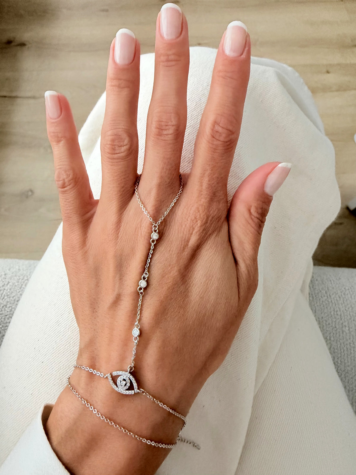 Silver Plated Stainless Steel Pave CZ Evil Eye Charm Hand Chain Bracelet - CW1HANDCHAIN00195 | Wholesale Stainless Steel Jewelry Catwalk Jewellery Europe
