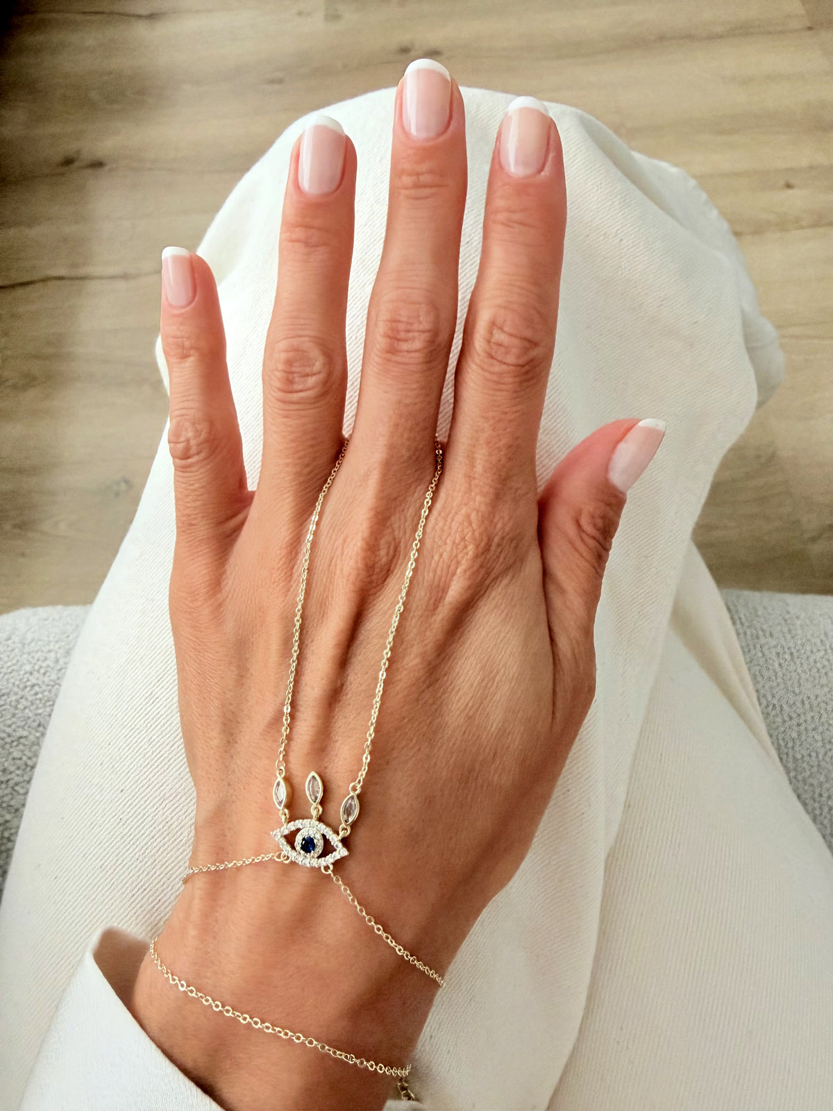18K Gold Plated Stainless Steel Marquise CZ Pave Evil Eye Hand Chain Bracelet - CW1HANDCHAIN00209 | Wholesale Stainless Steel Jewelry Catwalk Jewellery Europe