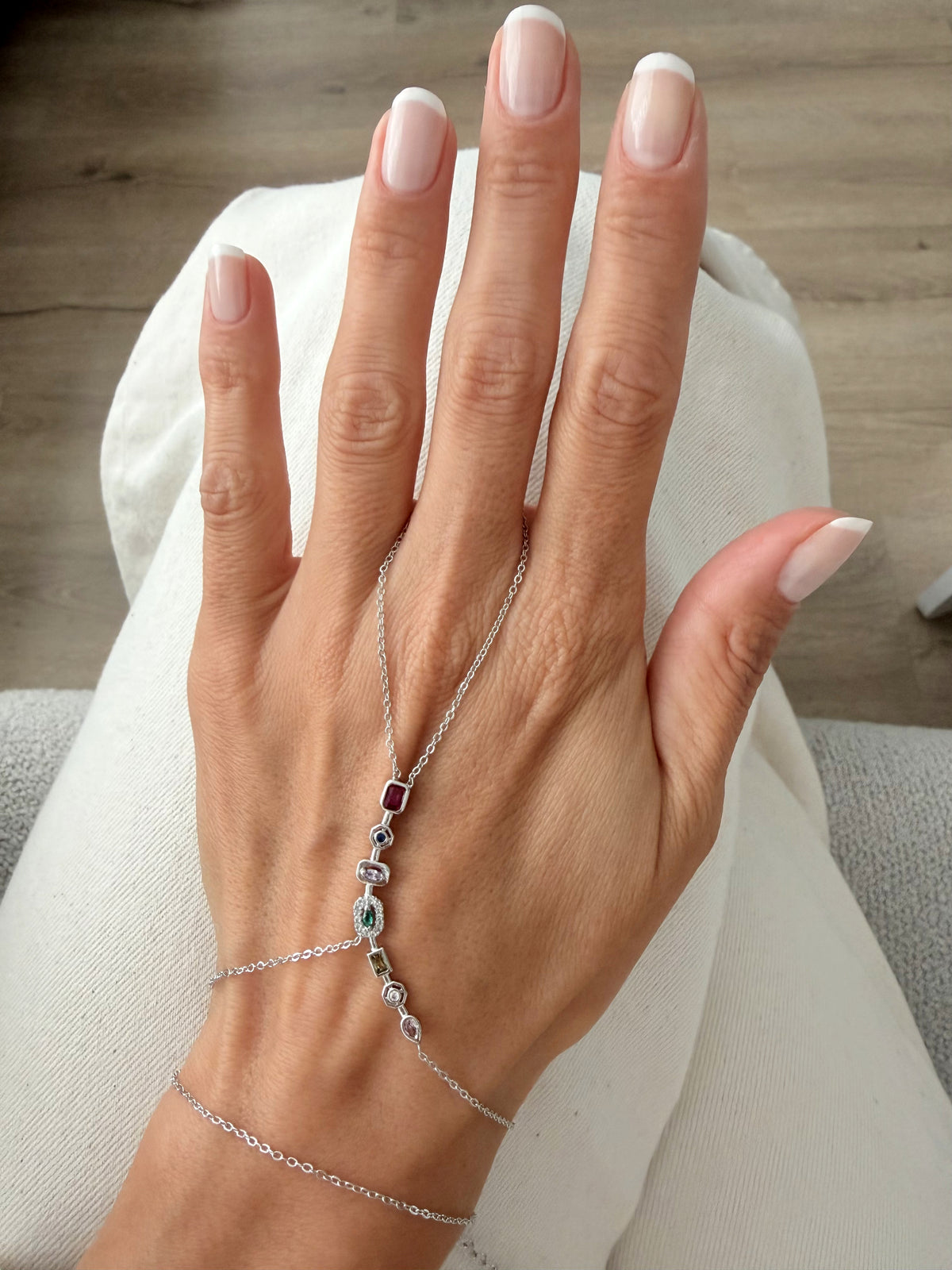 Silver Plated Stainless Steel Multi Color CZ Station Hand Chain Bracelet - CW1HANDCHAIN00217 | Wholesale Stainless Steel Jewelry Catwalk Jewellery Europe