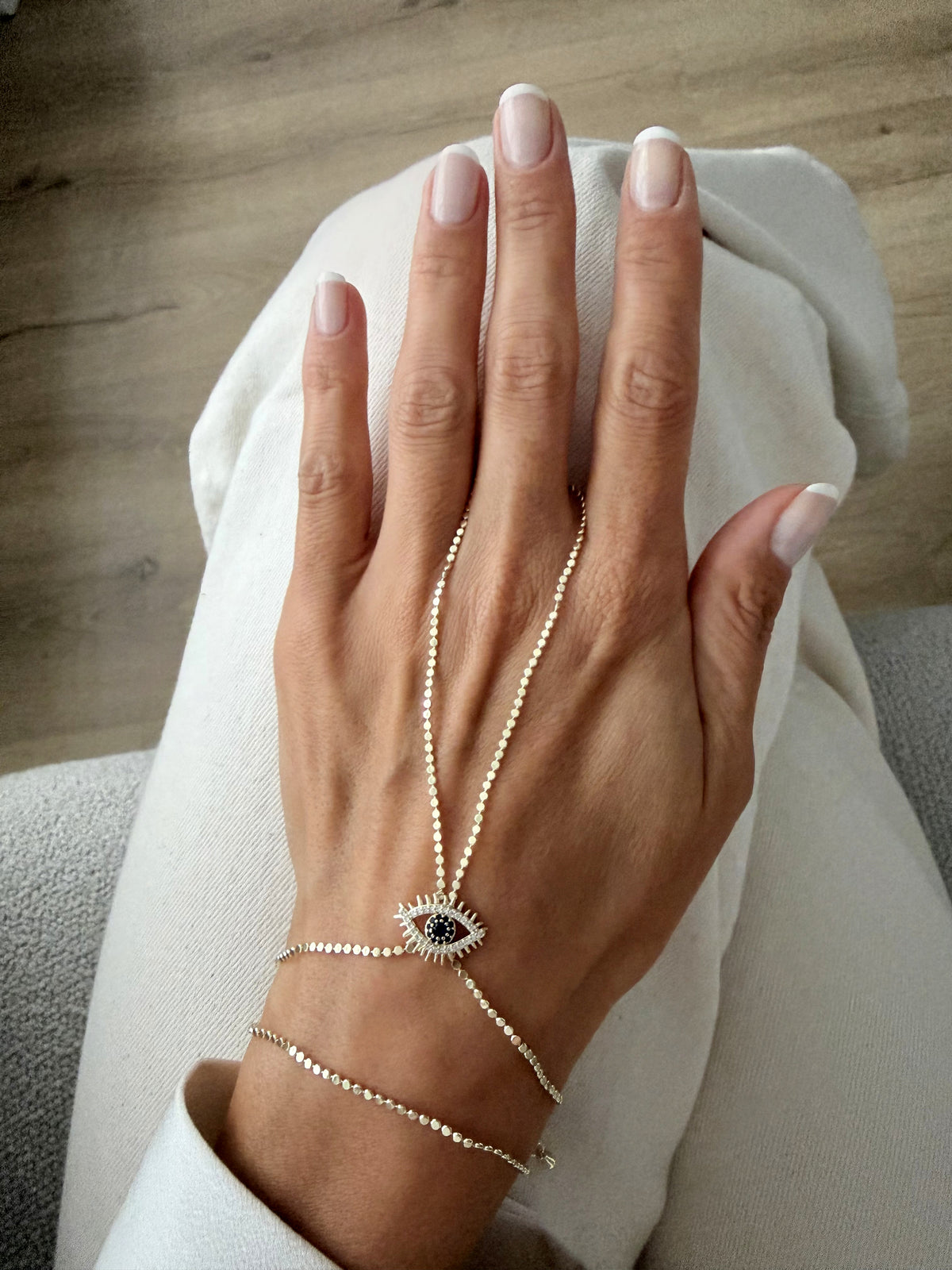 18K Gold Plated Stainless Steel Disc Sequin Pave CZ Starburst Evil Eye Hand Chain Bracelet - CW1HANDCHAIN00220 | Wholesale Stainless Steel Jewelry Catwalk Jewellery Europe