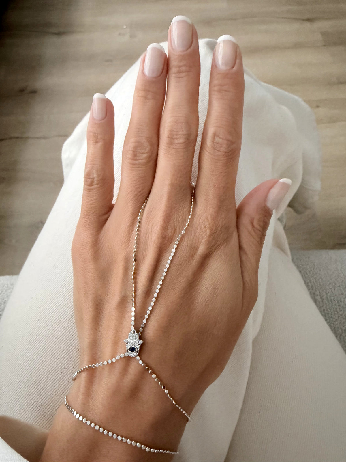 Silver Plated Stainless Steel Disc Sequin Pave CZ Hamsa Hand Hand Chain Bracelet - CW1HANDCHAIN00229 | Wholesale Stainless Steel Jewelry Catwalk Jewellery Europe