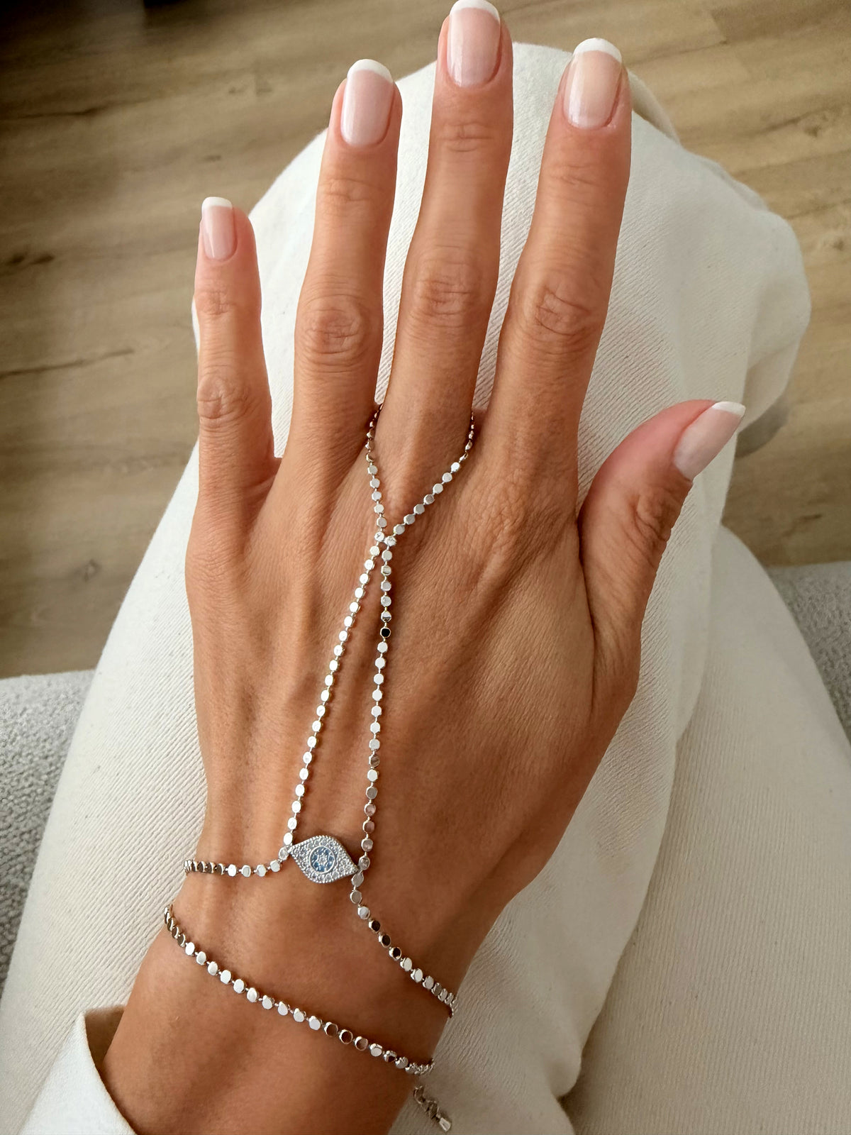 Silver Plated Stainless Steel Disc Sequin Pave CZ Evil Eye Hand Chain Bracelet - CW1HANDCHAIN00230 | Wholesale Stainless Steel Jewelry Catwalk Jewellery Europe