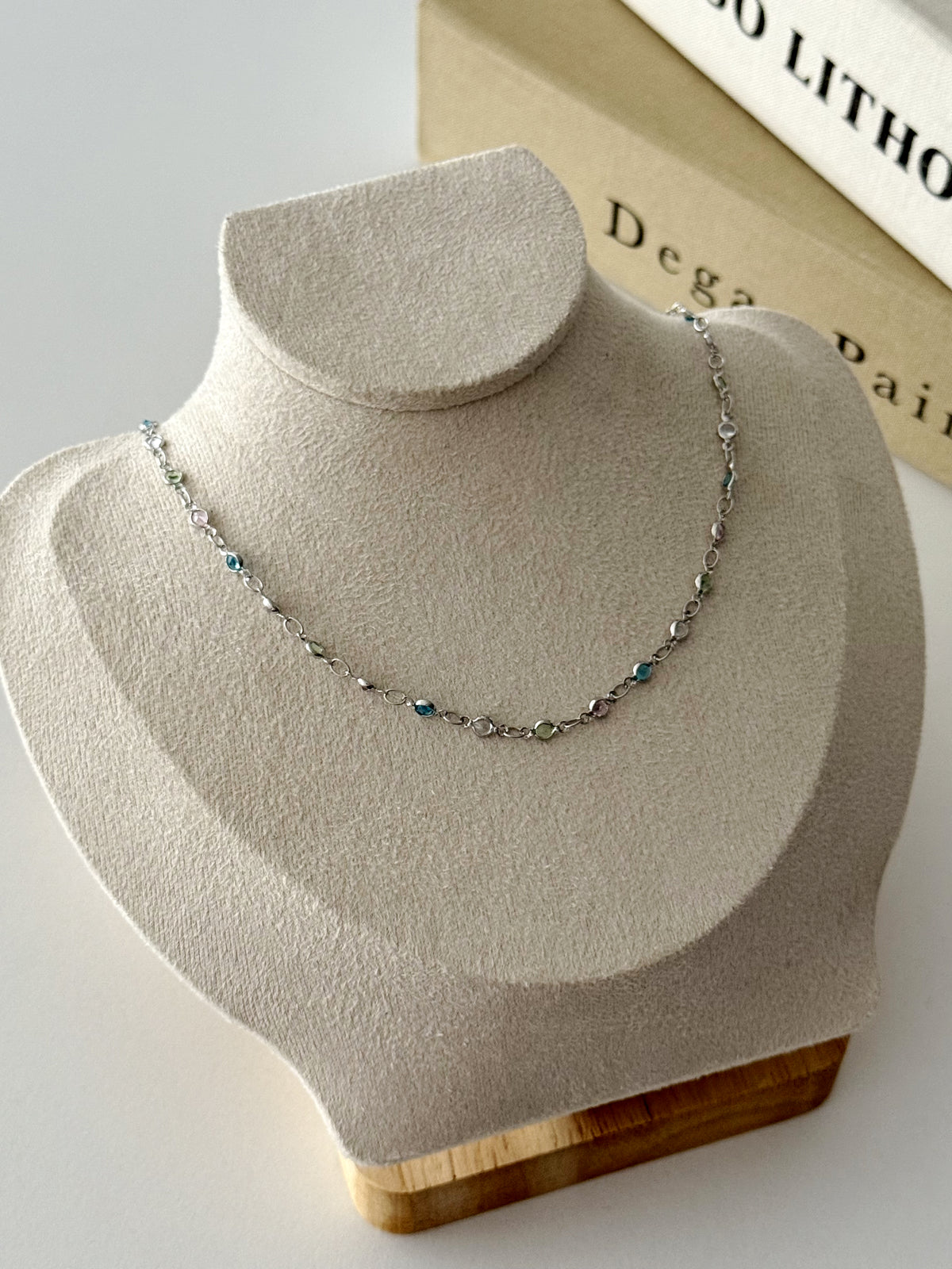 Silver Multicolor CZ Bezel Station Chain Necklace - CW1NKL0025 | Wholesale Stainless Steel Jewelry Catwalk Jewellery Europe