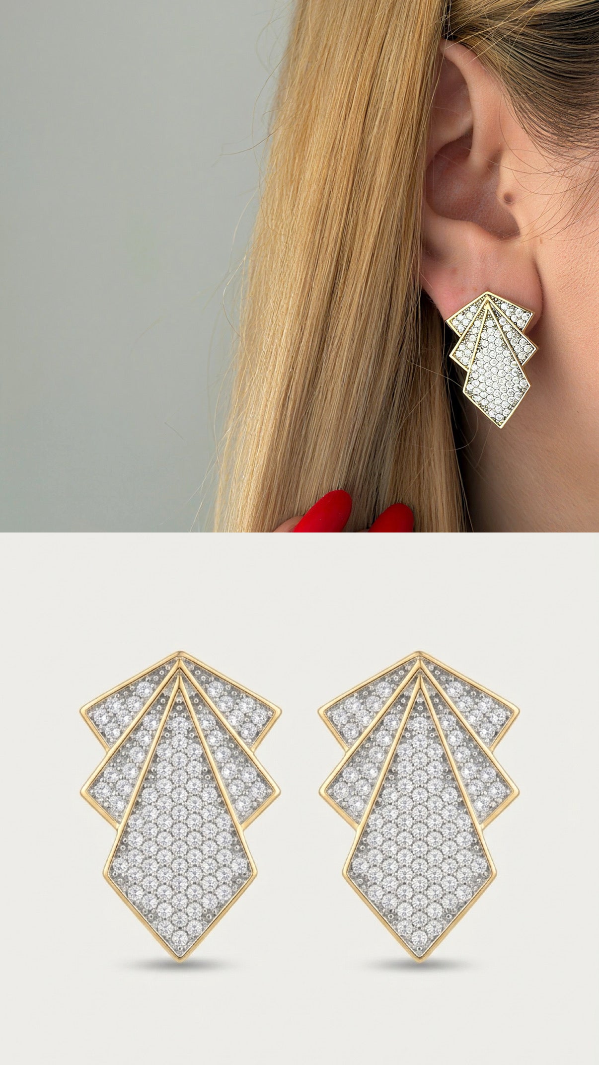 CW1VPEARNG00121-gold-cz-pave-layered-geometric-shield-stud-earrings-catwalkjewellery wholesale jewelry VIP 14K EARRINGS  Catwalk Jewellery Europe