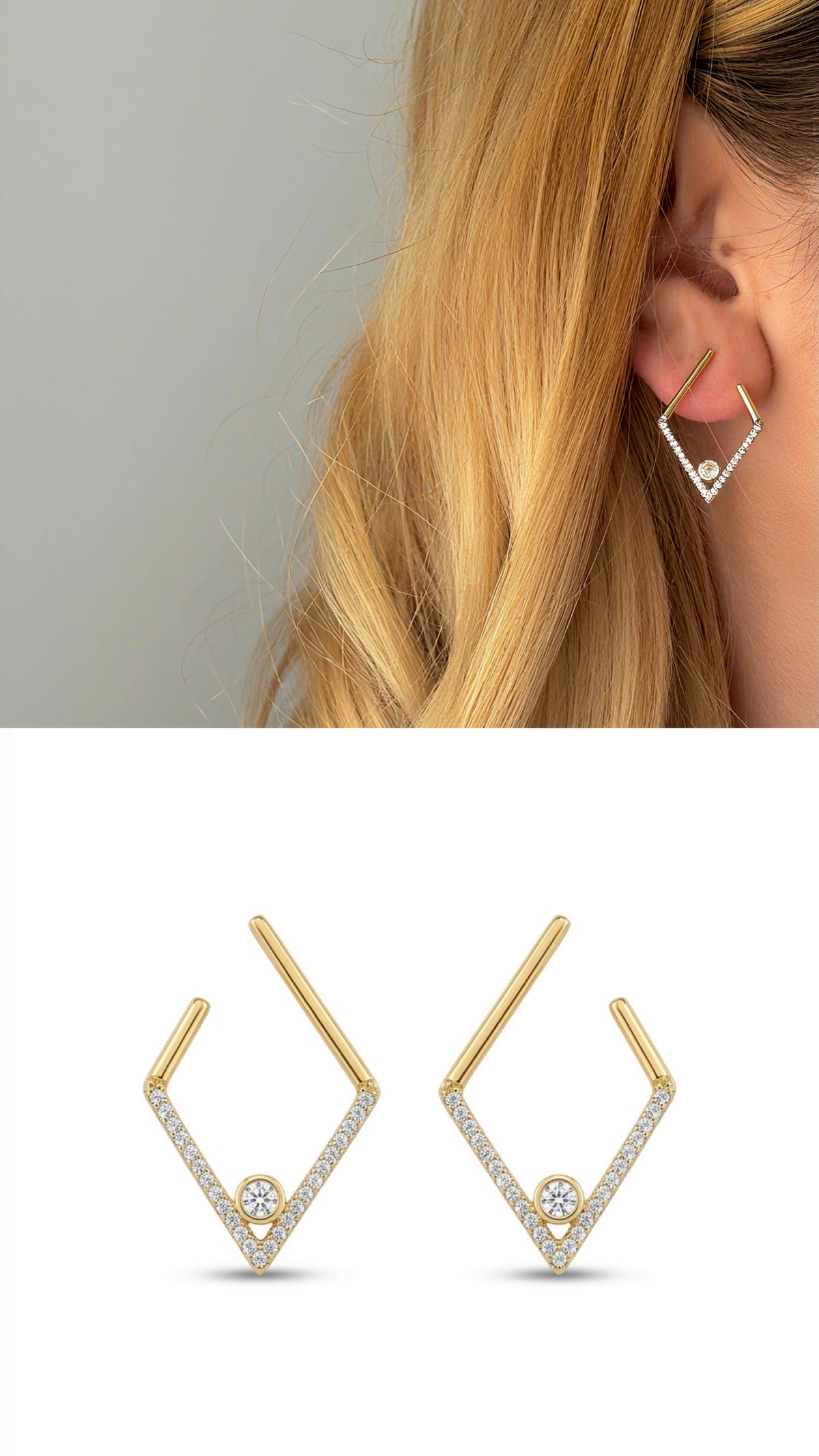 Gold CZ Pave Geometric Rhombus Front To Back Earrings - CW1VPEARNG00124 | Wholesale Stainless Steel Jewelry Catwalk Jewellery Europe