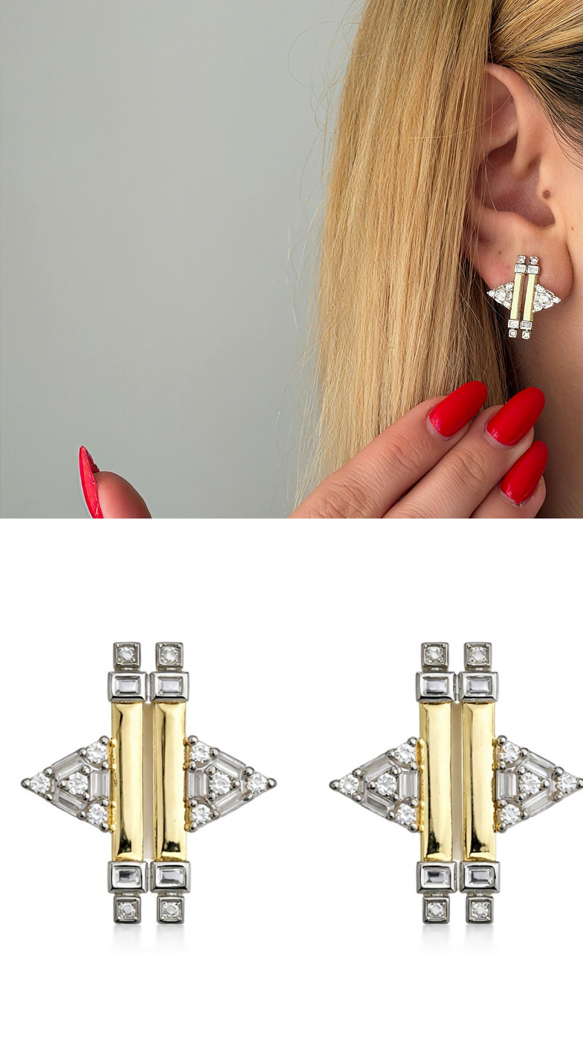 CW1VPEARNG00127-two-tone-baguette-cz-geometric-arrow-stud-earrings-catwalkjewellery wholesale jewelry VIP 14K EARRINGS  Catwalk Jewellery Europe