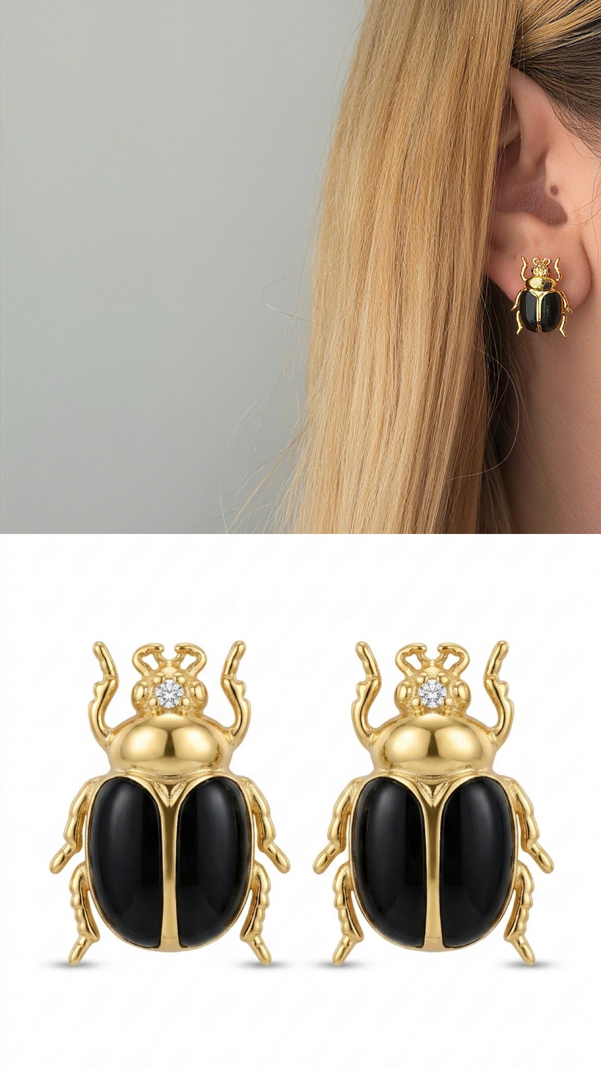 CW1VPEARNG00129-gold-black-enamel-cz-accent-scarab-beetle-stud-earrings-catwalkjewellery wholesale jewelry VIP 14K EARRINGS  Catwalk Jewellery Europe